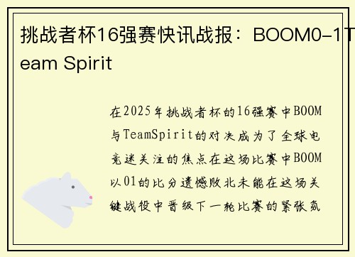 挑战者杯16强赛快讯战报：BOOM0-1Team Spirit